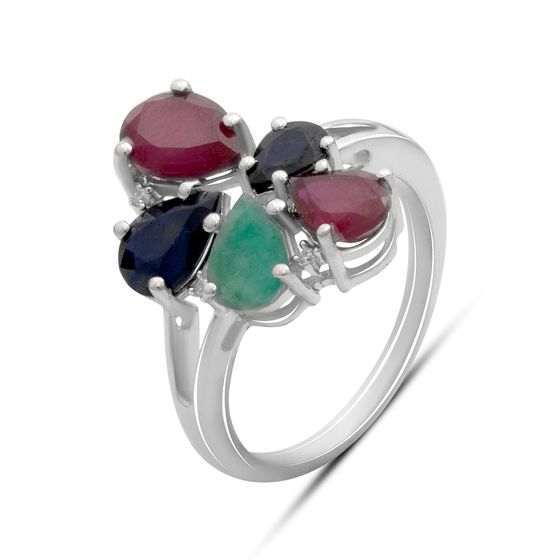 Серебряное кольцо с сапфиром 1.917ct, изумрудом, рубином