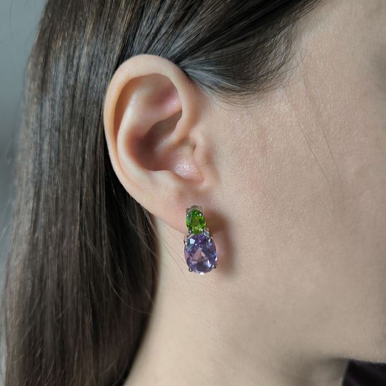 Серебряные серьги с аметистом, хризолітом