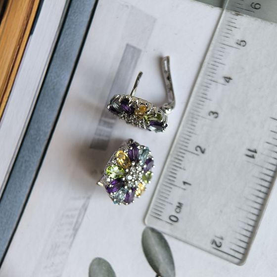 Серебряные серьги с аметистом 5.812ct, цитрином, хризолітом, топазом
