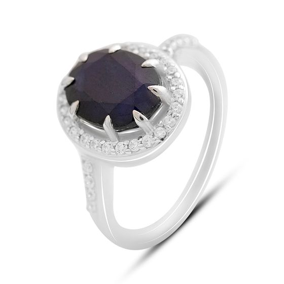 Серебряное кольцо с сапфиром 3.81ct, фианитами