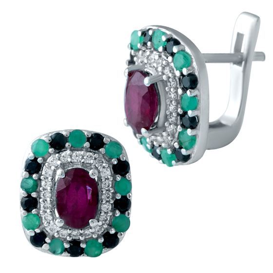 Серебряные серьги с изумрудом 1.308ct, рубином, сапфиром