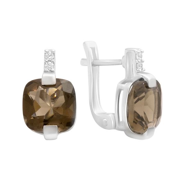 Серебряные серьги с раухтопазом (дымчатым кварцем), фианитами