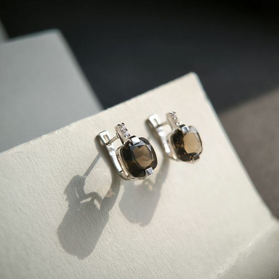 Серебряные серьги с раухтопазом (дымчатым кварцем) 5.613ct, фианитами