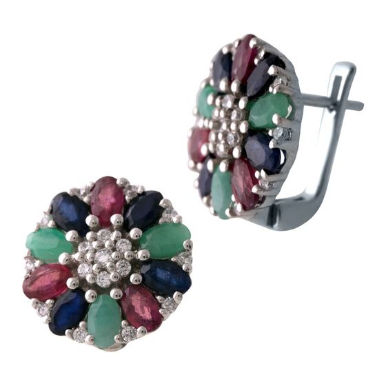 Серебряные серьги с сапфиром 6.665ct, изумрудом, рубином