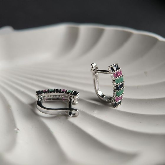 Серебряные серьги с сапфиром 4.05ct, изумрудом, рубином
