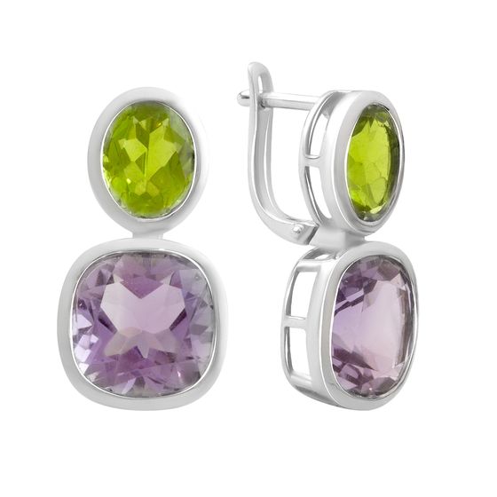 Серебряные серьги с аметистом, хризолітом