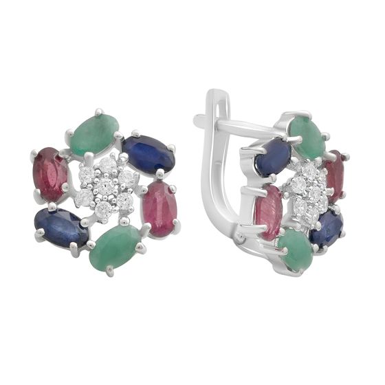 Серебряные серьги с сапфиром 3.567ct, рубином, изумрудом