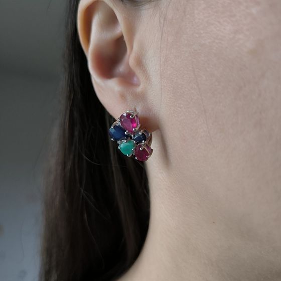 Серебряные серьги с сапфиром 4.05ct, изумрудом, рубином