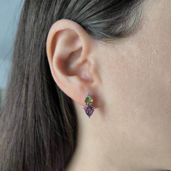 Серебряные серьги с аметистом, хризолітом