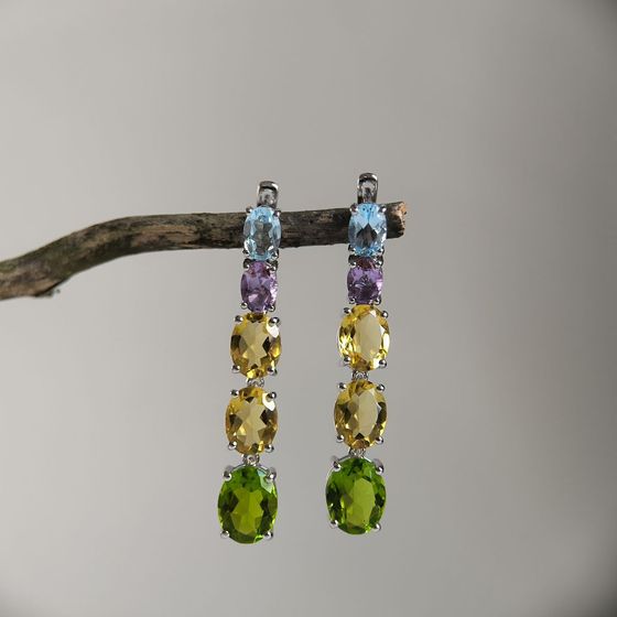 Серебряные серьги с аметистом, хризолітом, топазом, цитрином