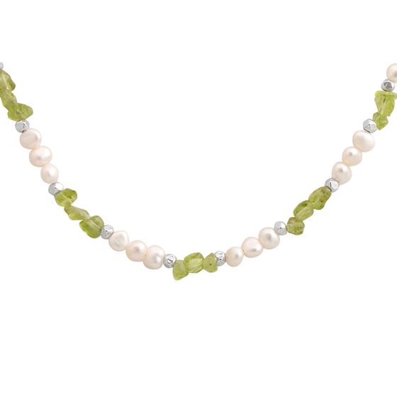 Серебряное колье с жемчугом барочным, хризолітом