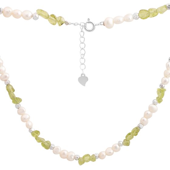 Серебряное колье с жемчугом барочным, хризолітом