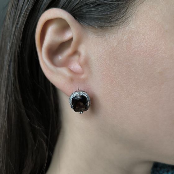 Серебряные серьги с раухтопазом (дымчатым кварцем) 10.34ct, фианитами