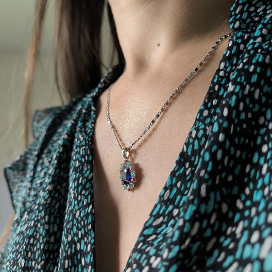 Серебряная подвеска с сапфиром 5.05ct, рубином, изумрудом
