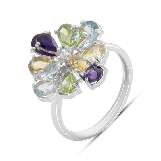 Серебряное кольцо с аметистом 4.128ct, цитрином, хризолітом, топазом