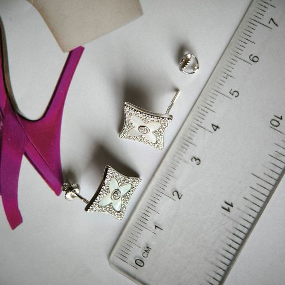 Серебряные серьги с фианитами, перламутром