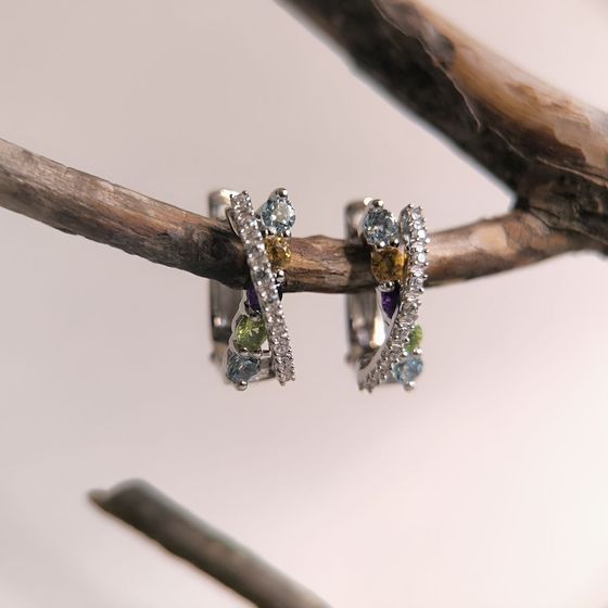 Серебряные серьги с аметистом 1.553ct, цитрином, хризолітом, топазом