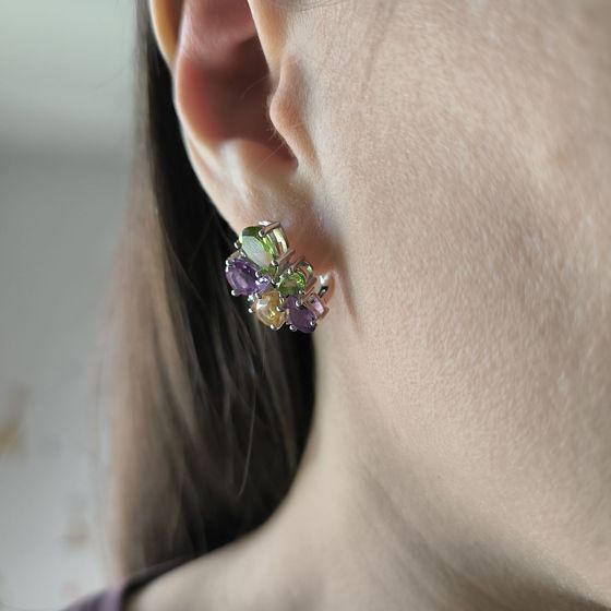Серебряные серьги с аметистом, хризолітом, цитрином