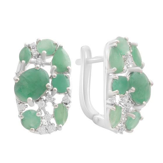 Серебряные серьги с изумрудом, фианитами