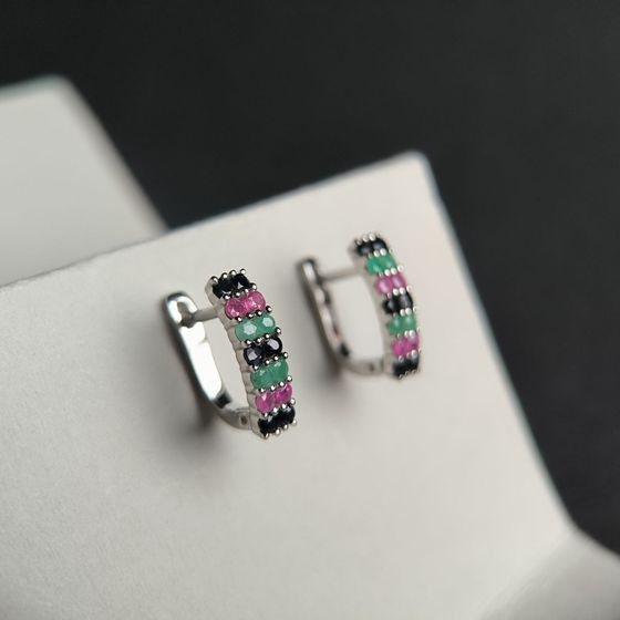 Серебряные серьги с сапфиром 4.05ct, изумрудом, рубином