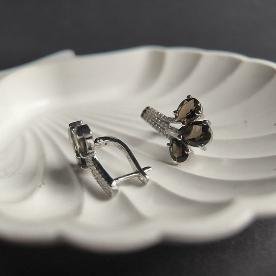 Серебряные серьги с раухтопазом (дымчатым кварцем) 6.183ct, фианитами