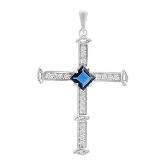 Серебряный крестик с сапфиром nano 1.095ct, фианитами