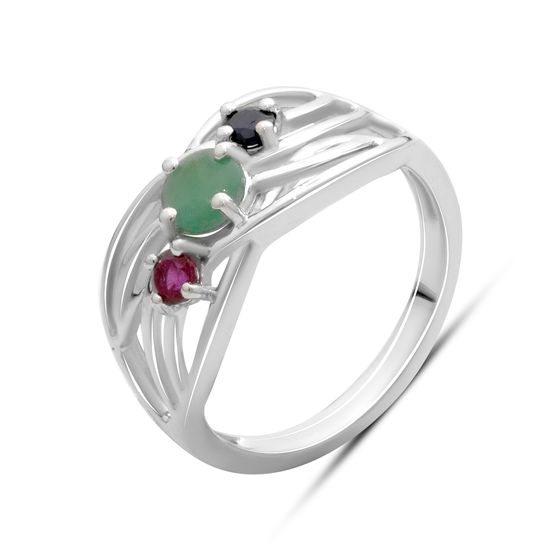 Серебряное кольцо с сапфиром 1.917ct, изумрудом, рубином