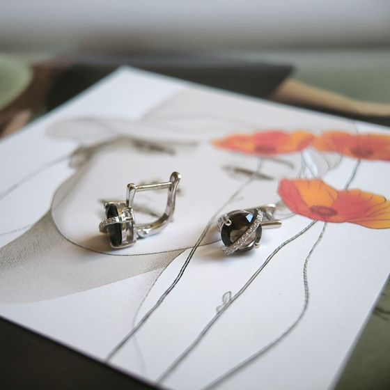 Серебряные серьги с раухтопазом (дымчатым кварцем) 3.465ct, фианитами