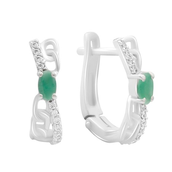 Серебряные серьги с изумрудом, фианитами