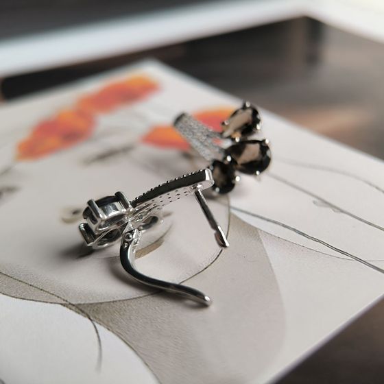 Серебряные серьги с раухтопазом (дымчатым кварцем) 6.183ct, фианитами