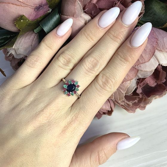 Серебряное кольцо с изумрудом 1.292ct, сапфиром, рубином