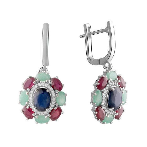 Серебряные серьги с сапфиром 8.663ct, изумрудом, рубином