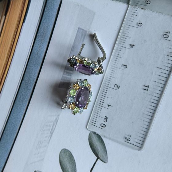 Серебряные серьги с аметистом 7.325ct, цитрином, хризолітом, топазом
