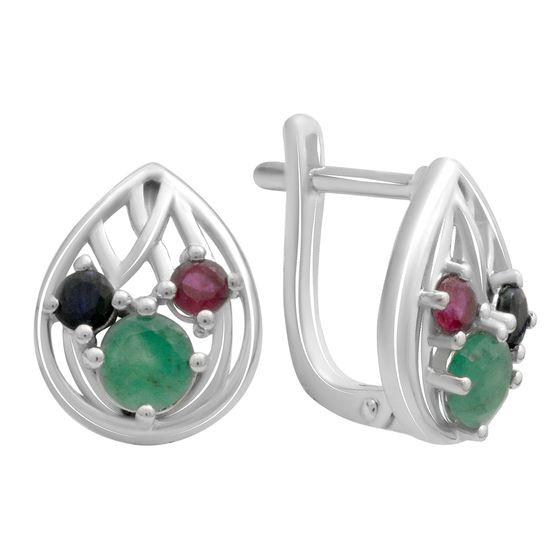 Серебряные серьги с сапфиром 4.05ct, изумрудом, рубином