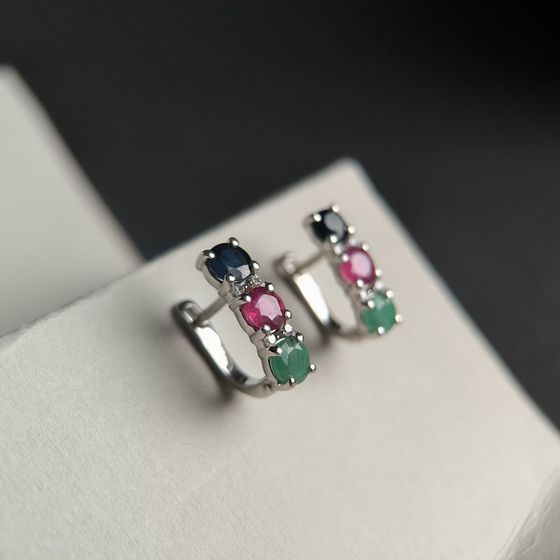 Серебряные серьги с сапфиром 4.05ct, изумрудом, рубином