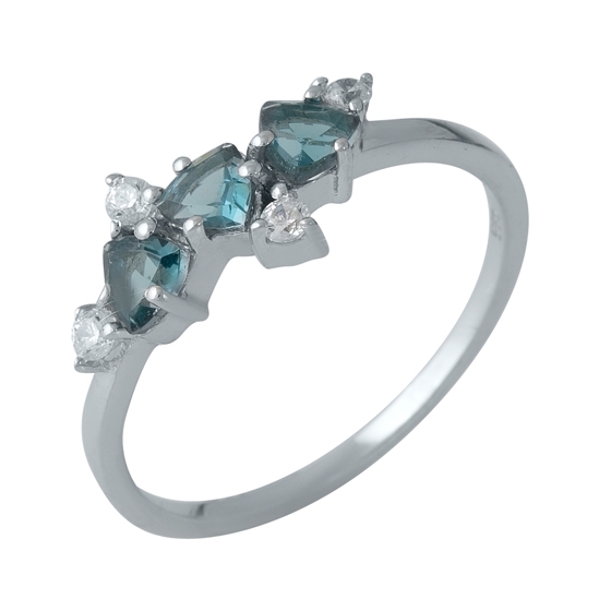 Серебряное кольцо с топазом Лондон Блю 0.76ct, фианитами
