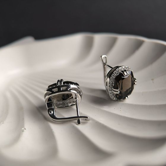 Серебряные серьги с раухтопазом (дымчатым кварцем) 10.34ct, фианитами