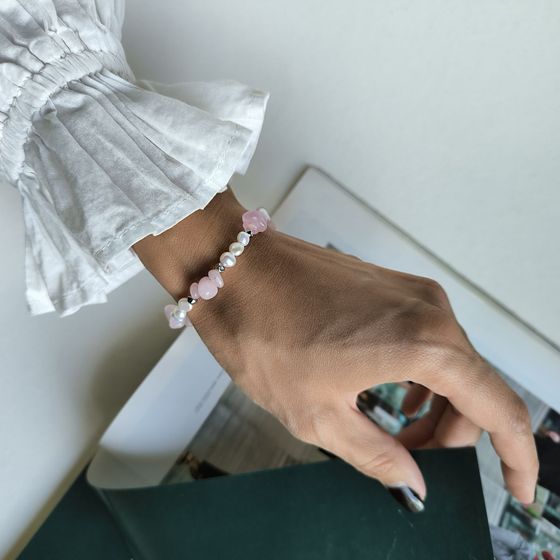 Серебряный браслет с кварцем, жемчугом барочным