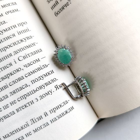 Серебряные серьги с изумрудом 5.79ct, фианитами