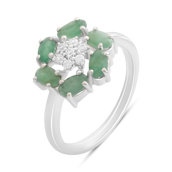 Серебряное кольцо с изумрудом, фианитами