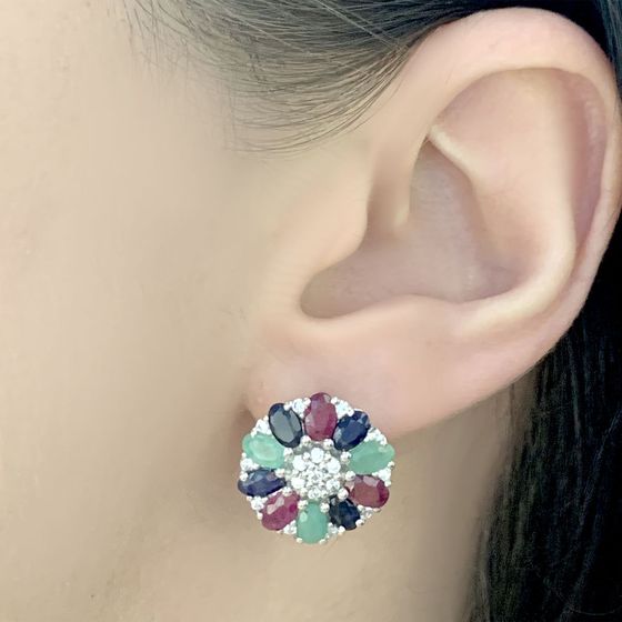 Серебряные серьги с сапфиром 6.665ct, изумрудом, рубином