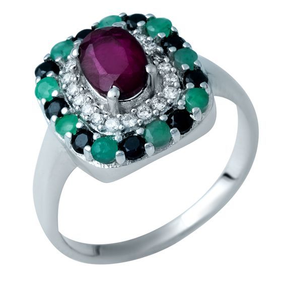 Серебряное кольцо с изумрудом 1.648ct, рубином, сапфиром, фианитами