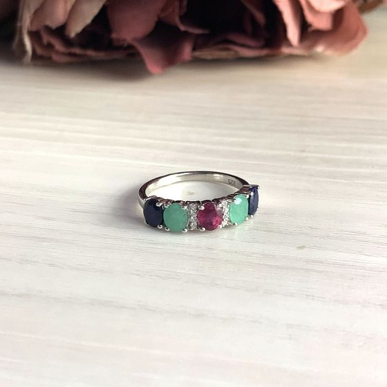 Серебряное кольцо с изумрудом 1.666ct, рубином, сапфиром