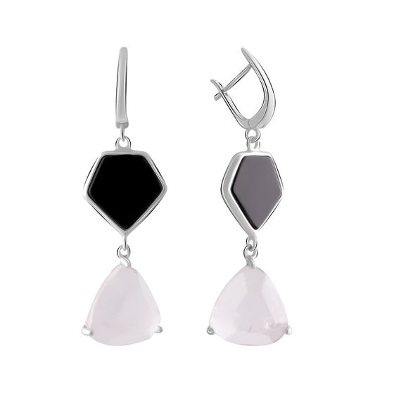 Серебряные серьги с розовым кварцем 22.483ct, ониксом