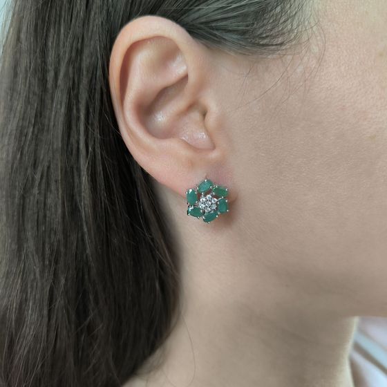 Серебряные серьги с изумрудом, фианитами