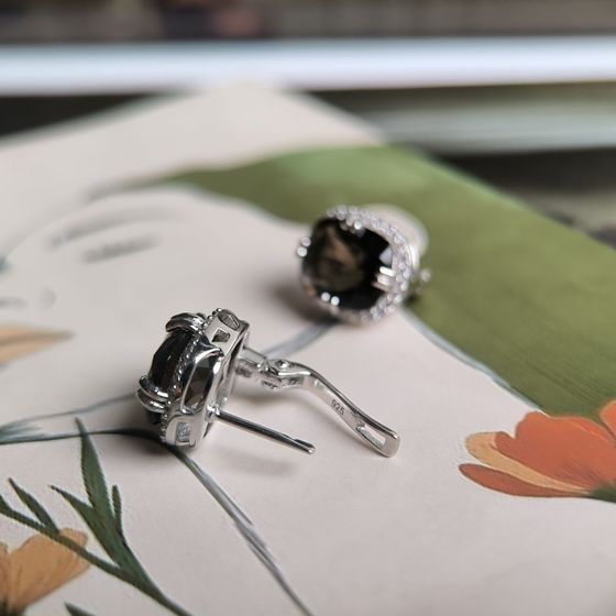 Серебряные серьги с раухтопазом (дымчатым кварцем) 10.34ct, фианитами