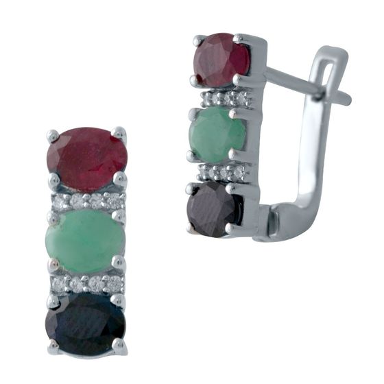 Серебряные серьги с изумрудом 2.006ct, рубином, сапфиром