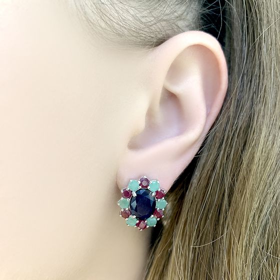 Серебряные серьги с сапфиром 9.813ct, изумрудом, рубином