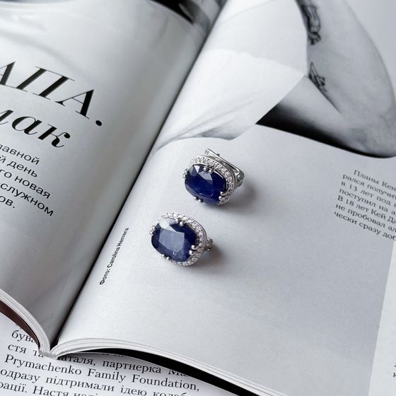 Серебряные серьги с сапфиром 14.84ct, фианитами
