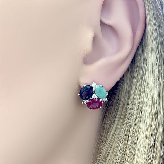 Серебряные серьги с сапфиром 8.813ct, изумрудом, рубином